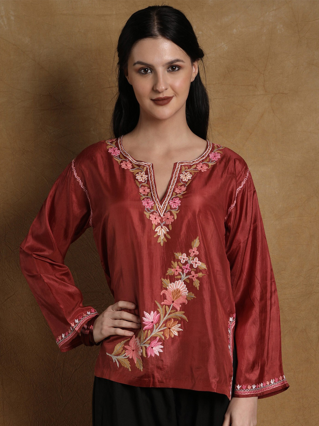 

Exotic India Floral Embroidered Pure Silk Thread Work Kurti, Red