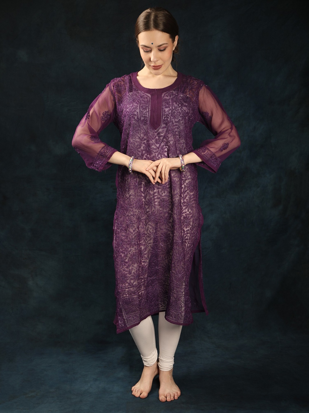 

Exotic India Ethnic Motifs Embroidered Straight Chikankari Kurta, Purple