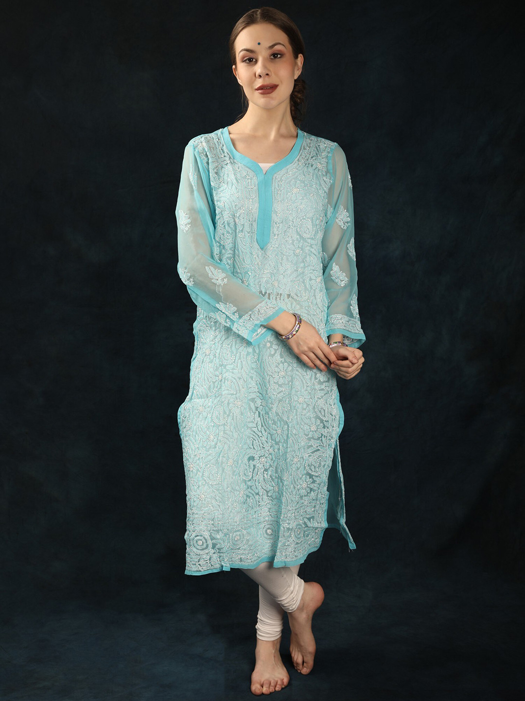 

Exotic India Paisley Embroidered Chikankari Straight Georgette Kurta, Blue