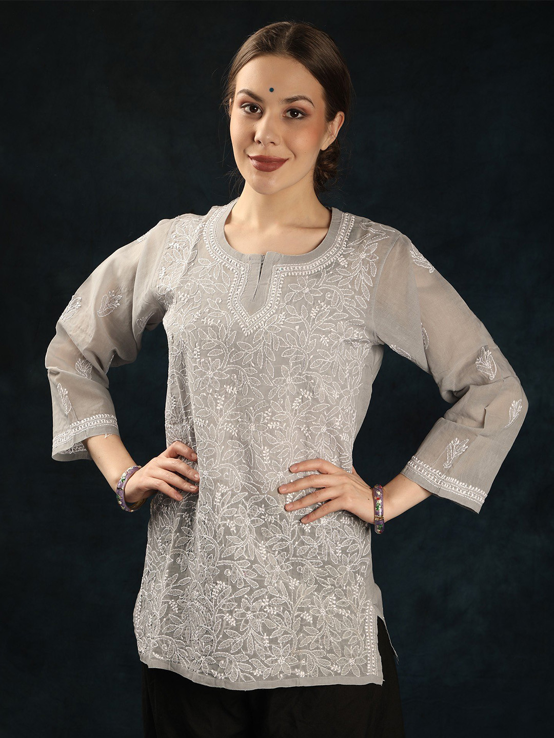 

Exotic India Floral Embroidered Pure Cotton Handloom Chikankari Kurti, Grey