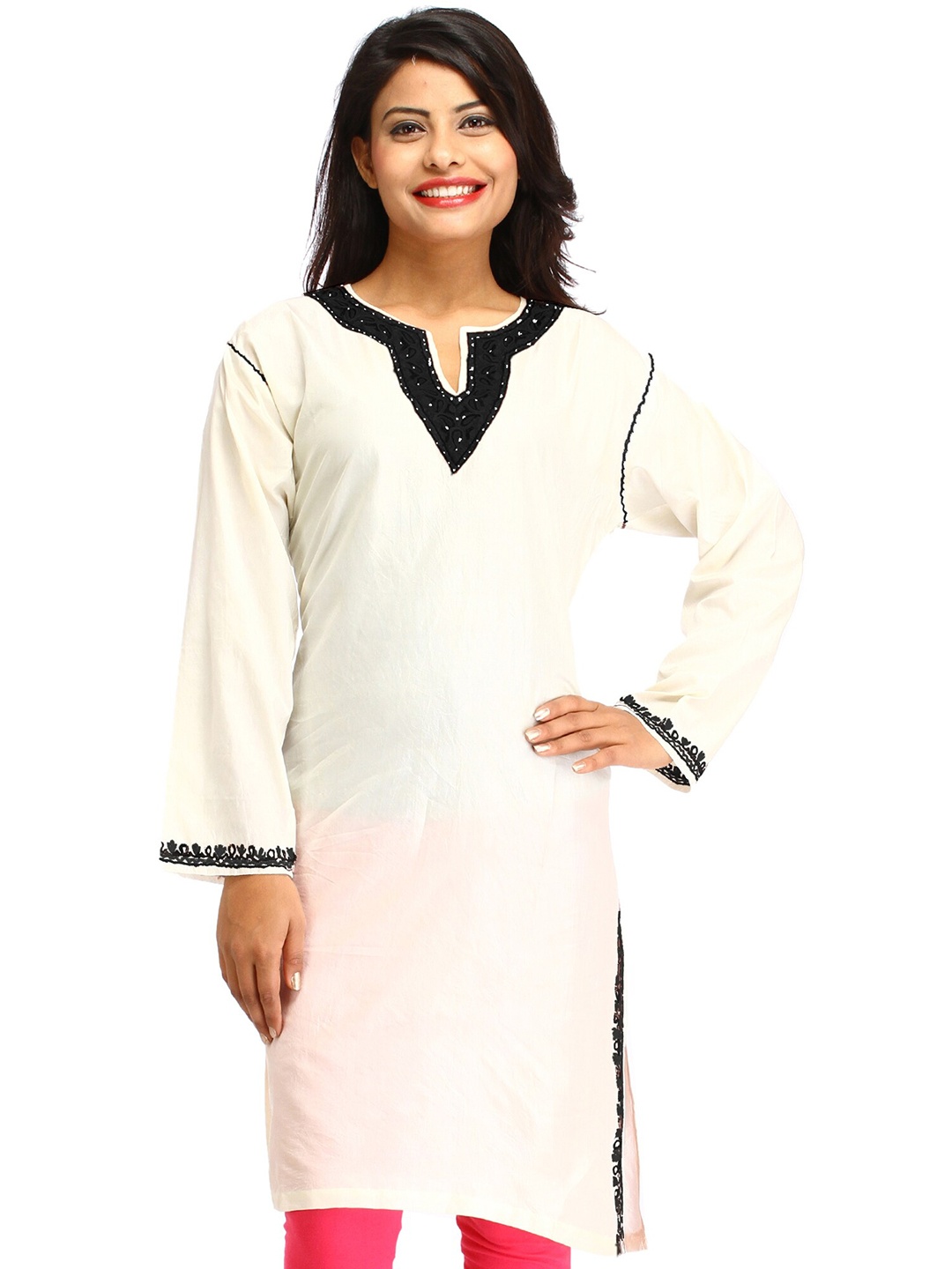 

Exotic India Paisley Embroidered Straight Silk Kurta, Off white