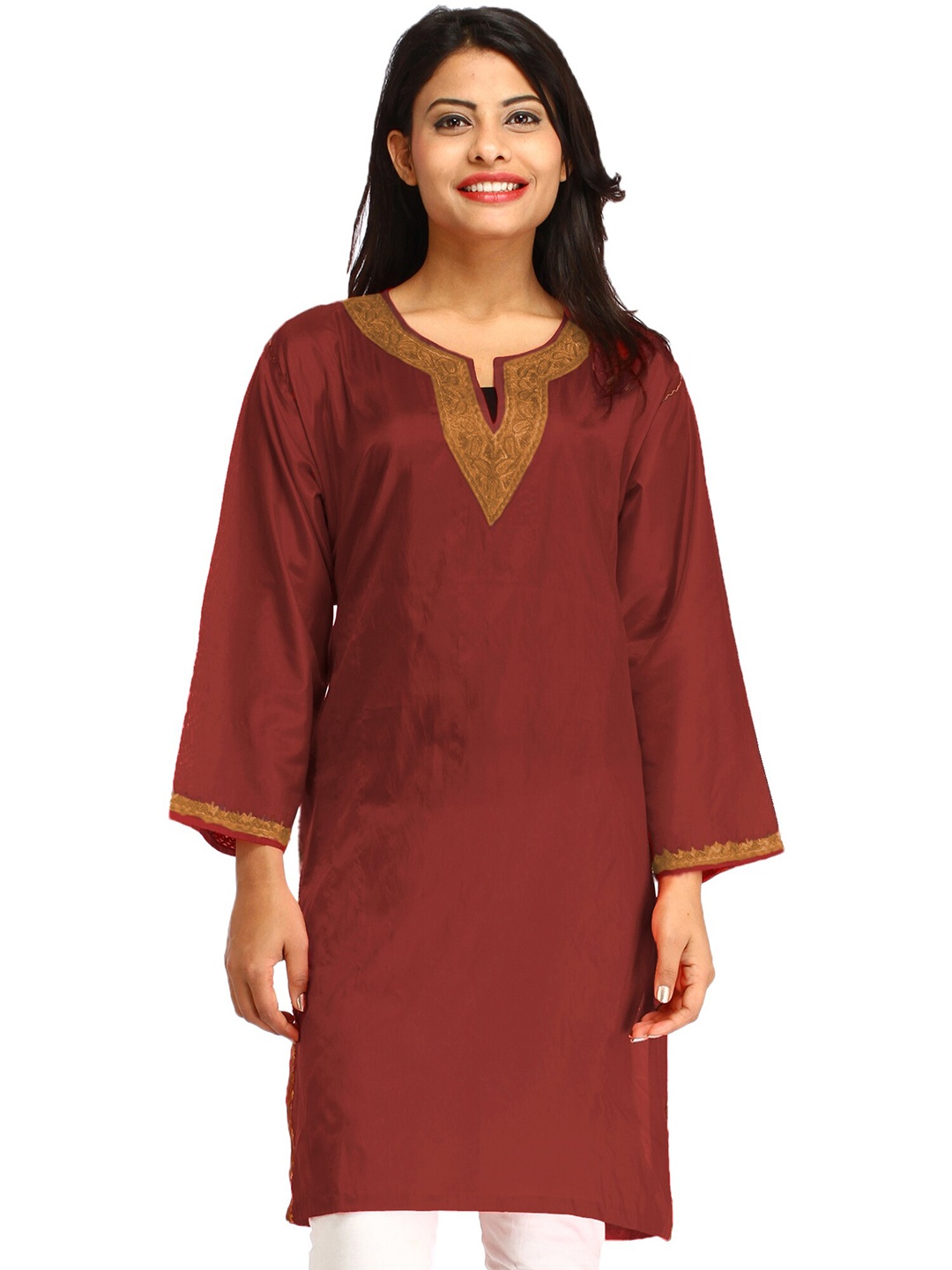 

Exotic India Women Embroidered Kurta, Maroon