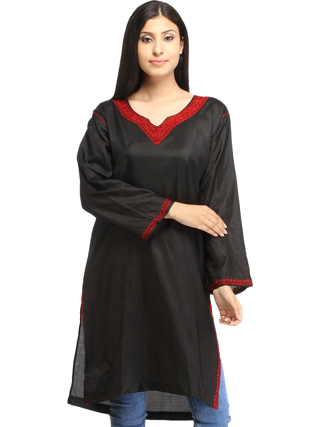 

Exotic India Plain Kashmiri Long Kurti with Aari Embroidery on Neck, Black