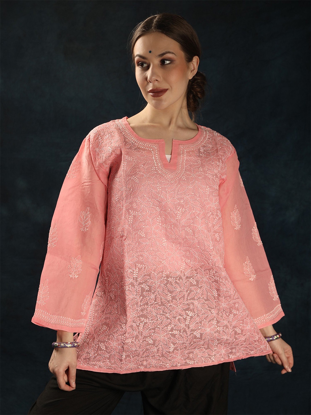 

Exotic India Floral Embroidered Pure Cotton Kurti, Pink