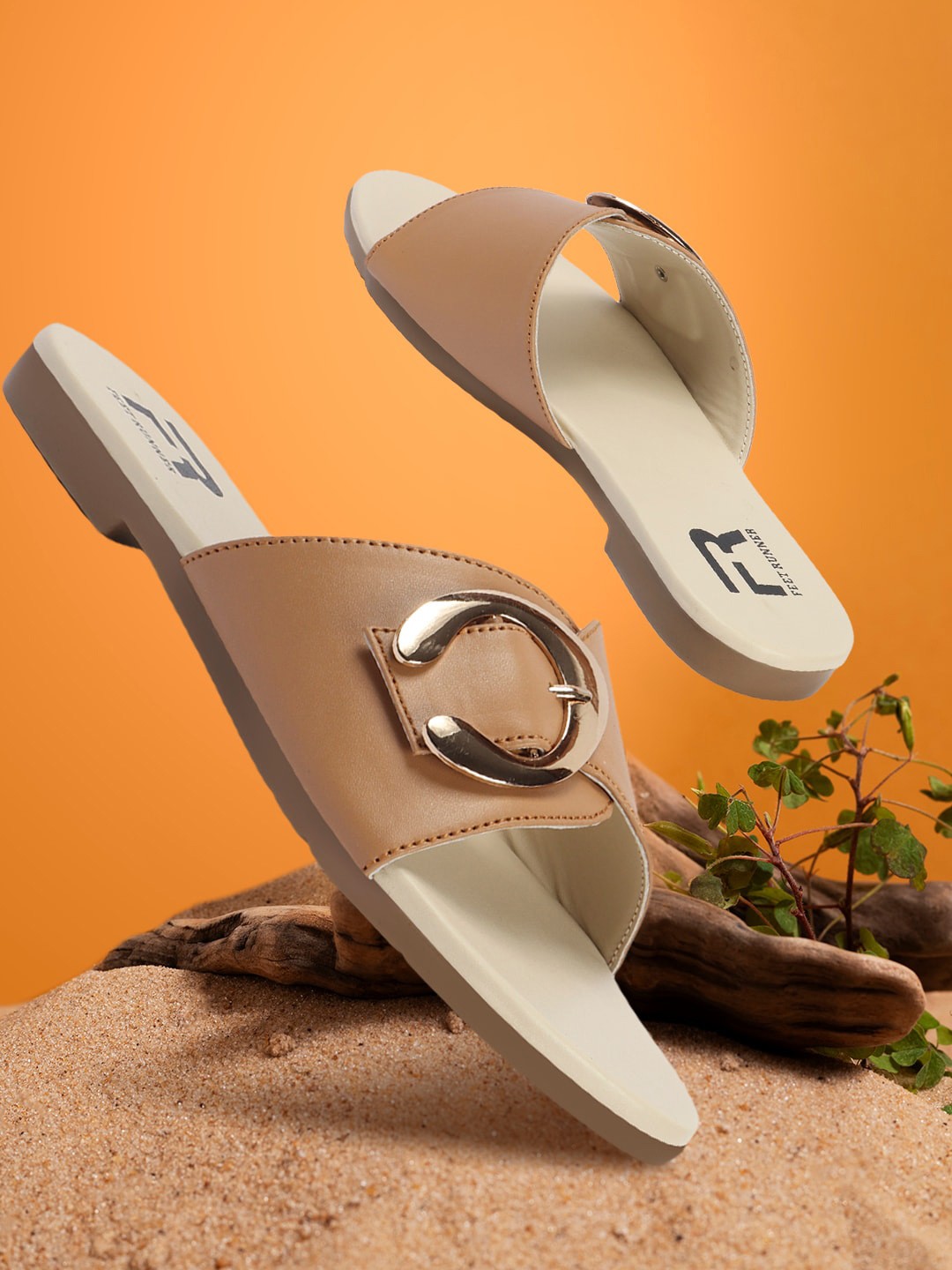 

FEET RUNNER No Back Strap Open Toe Flats, Beige