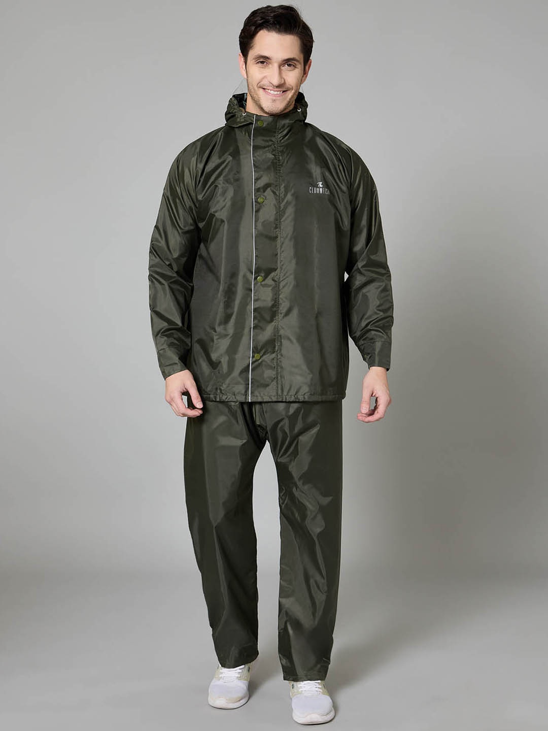 

THE CLOWNFISH Men Attached Hood Waterproof Double Layer Rain Suit, Olive