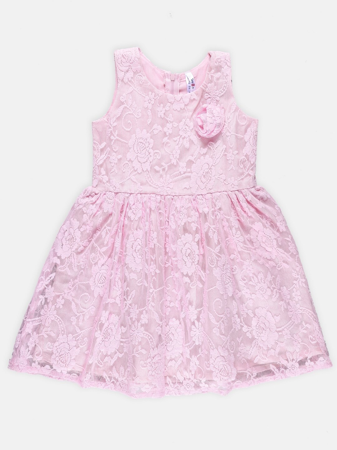 

SPYBY Girls Self Design Round Neck Sleeveless Gathered Fit & Flare Dress, Pink