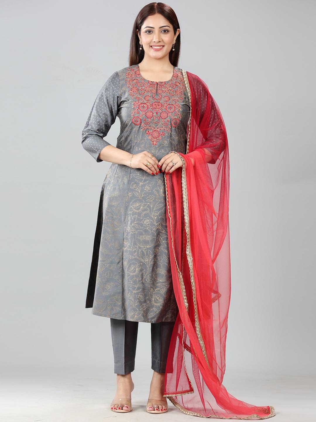 

COTTON CULTURE Embroidered Round Neck Thread Work Straight Kurta with Palazzos & Dupatta, Grey