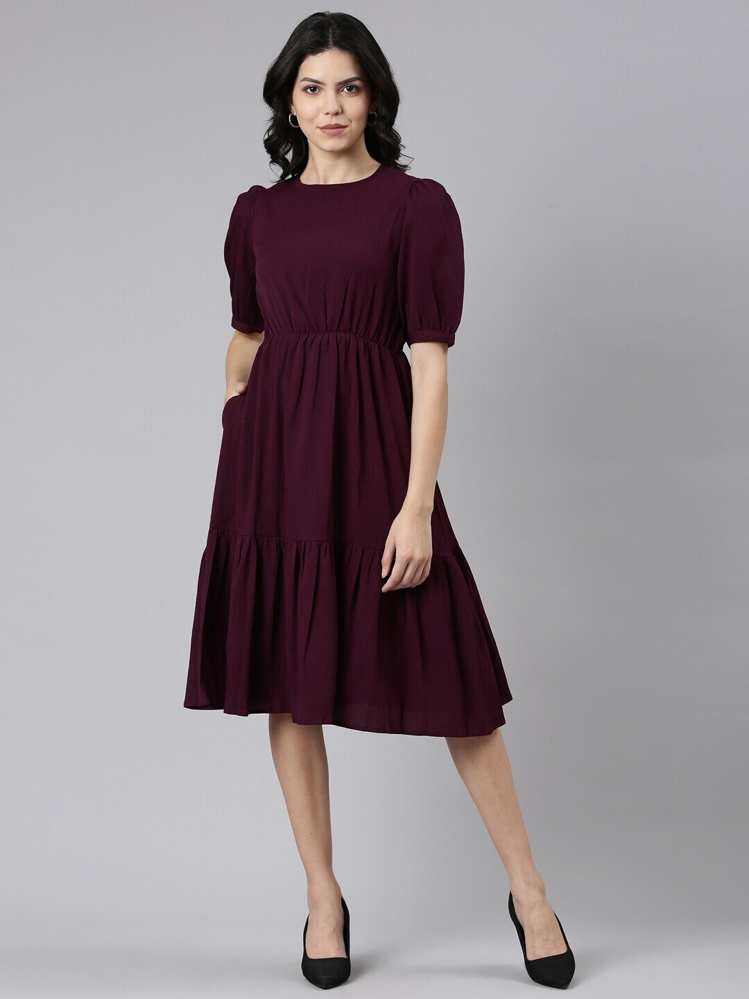 

Femvy Puff Sleeve Tiered Fit & Flare Midi Dress, Magenta