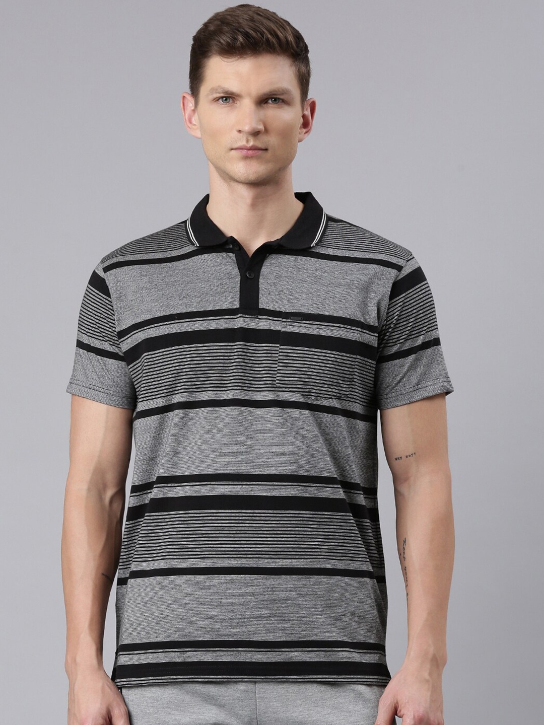 

Proline Striped Polo Collar Cotton T-shirt, Black