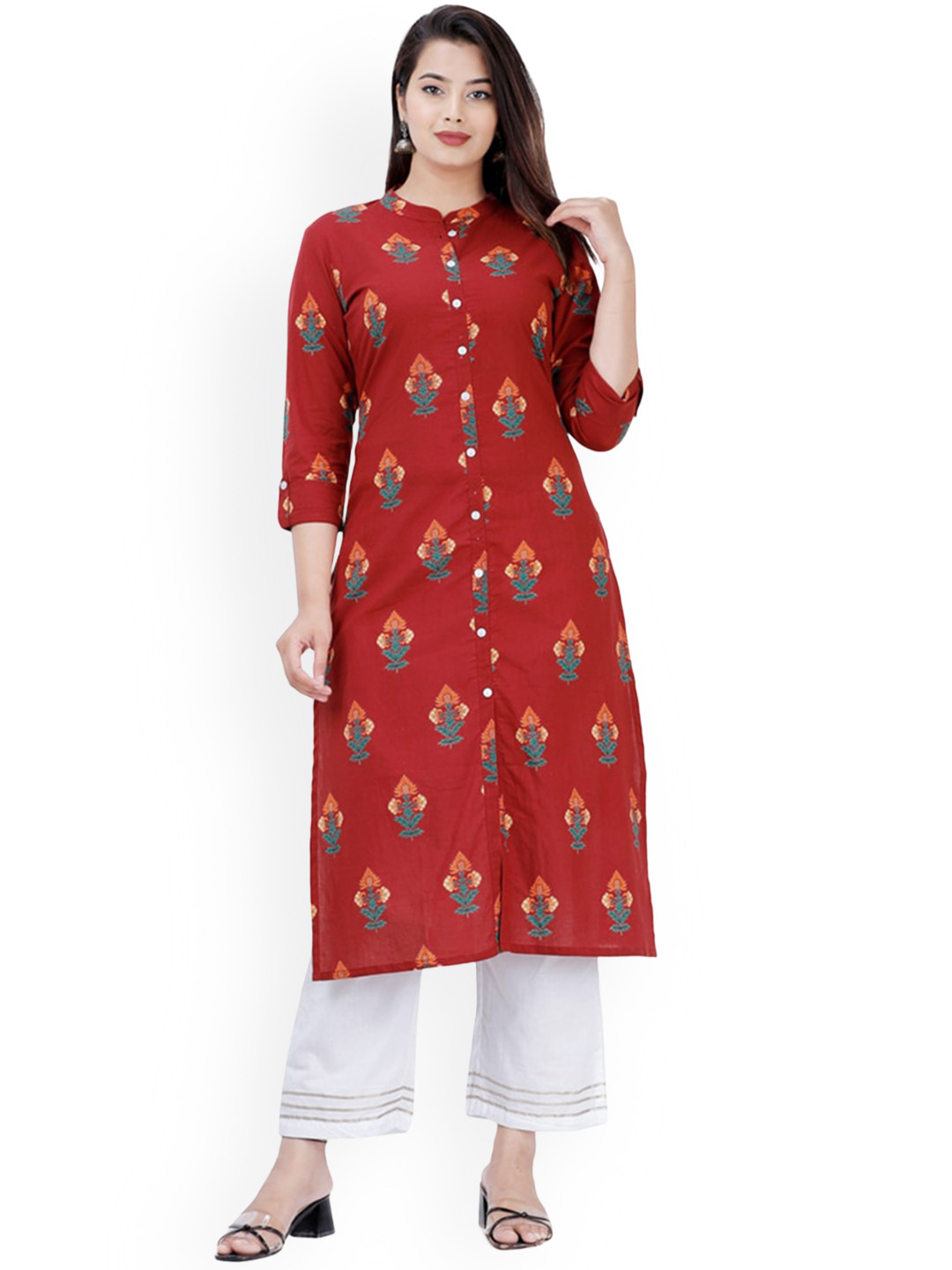 

BAESD Floral Printed Mandarin Collar Regular Pure Cotton Straight Kurta With Trousers, Red