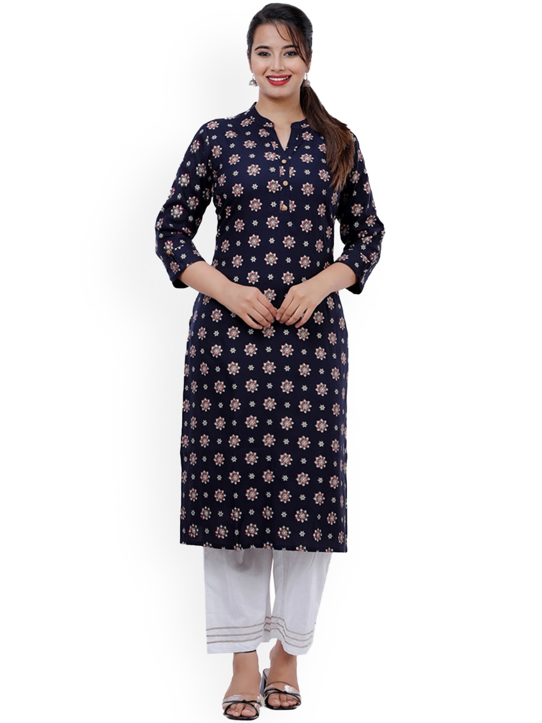 

BAESD Floral Printed Mandarin Collar Regular Straight Kurta With Trousers, Blue