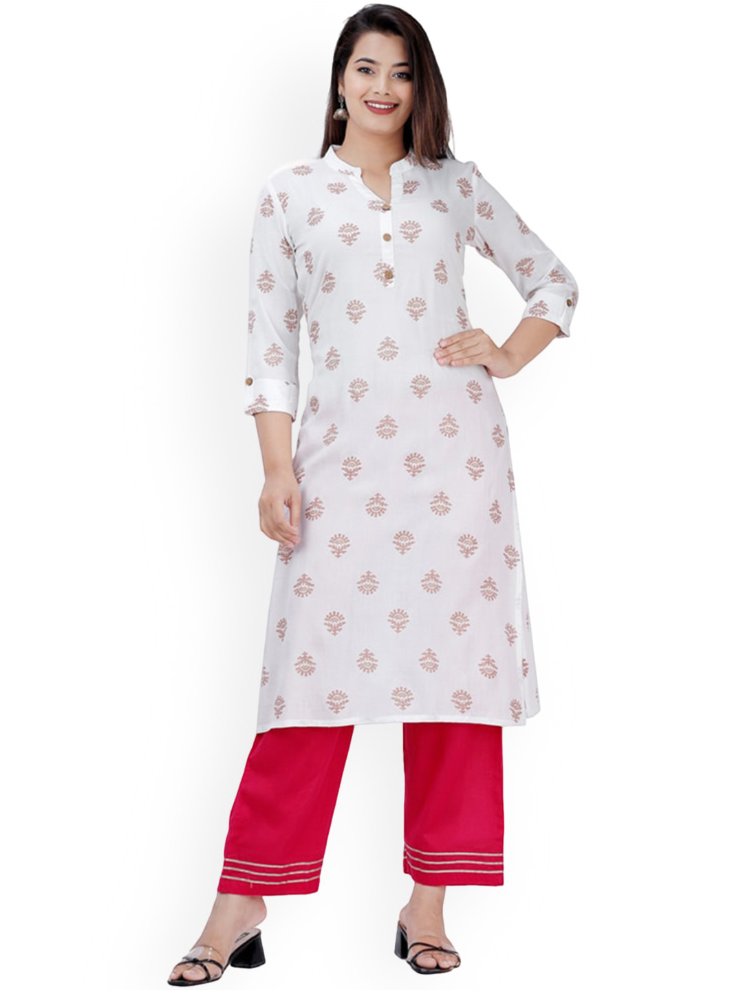 

BAESD Ethnic Motifs Printed Mandarin Collar Regular Straight Kurta With Trousers, White