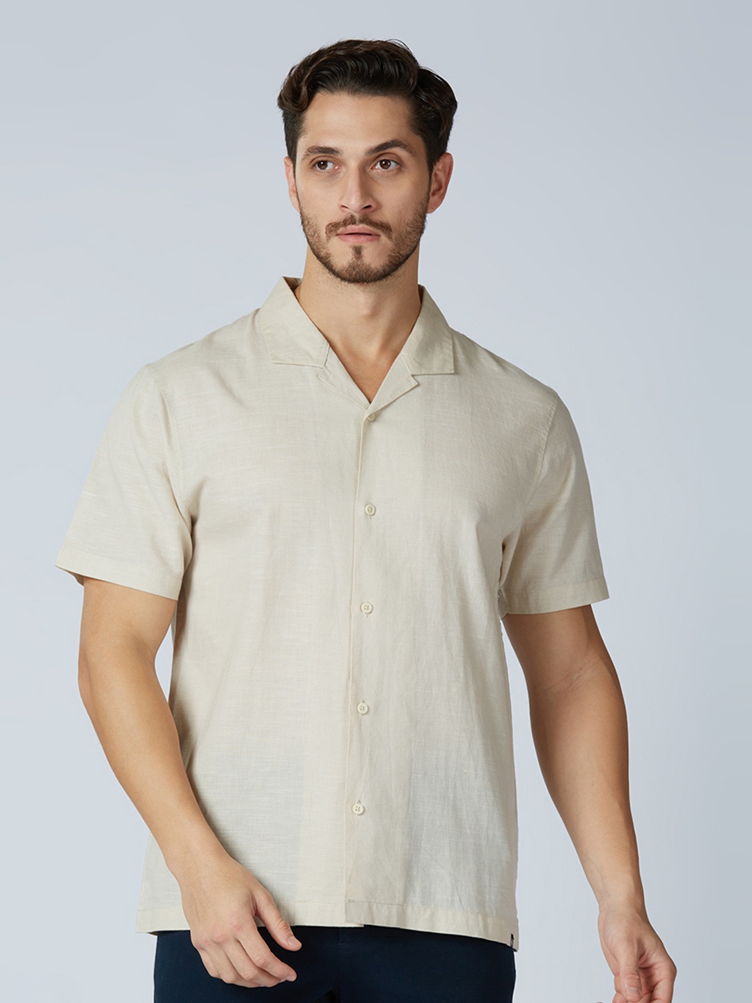 

ONEMILE Classic Cuban Collar Casual Shirt, Beige