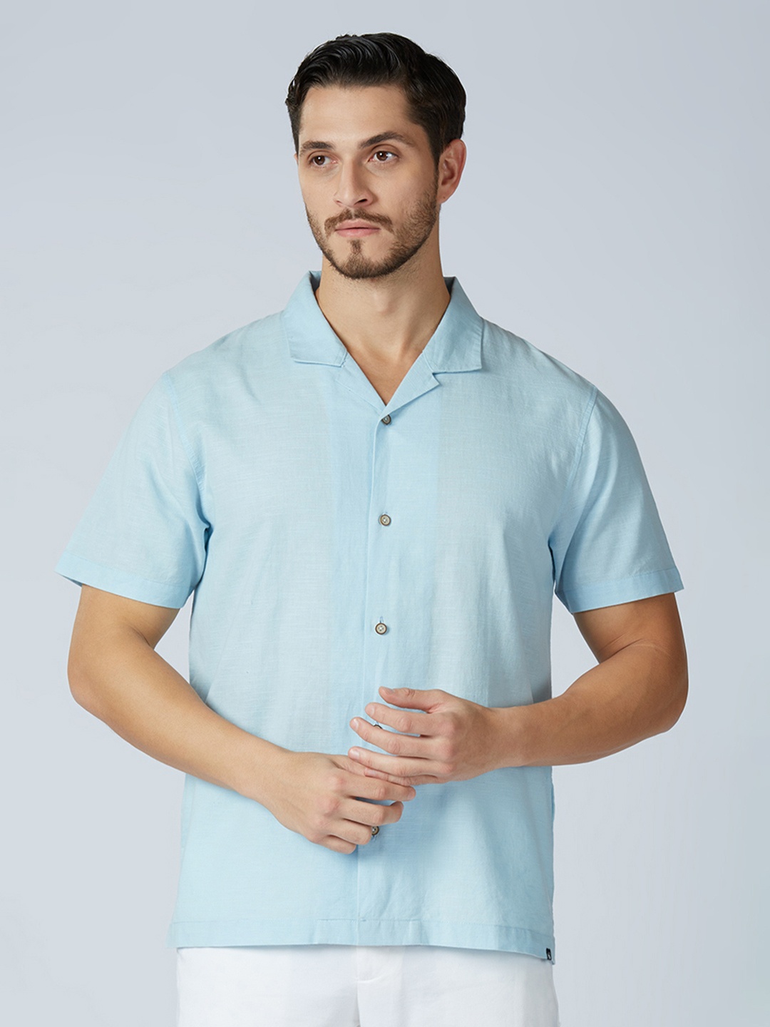 

ONEMILE Classic Cuban Collar Casual Shirt, Blue