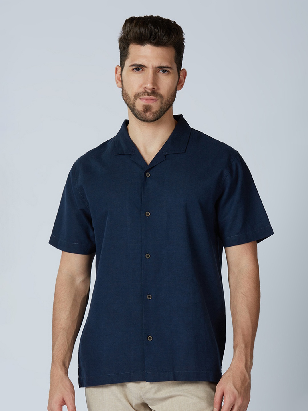 

ONEMILE Classic Cuban Collar Casual Shirt, Navy blue