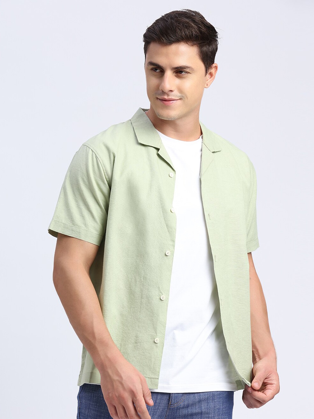 

ONEMILE Classic Cuban Collar Casual Shirt, Green