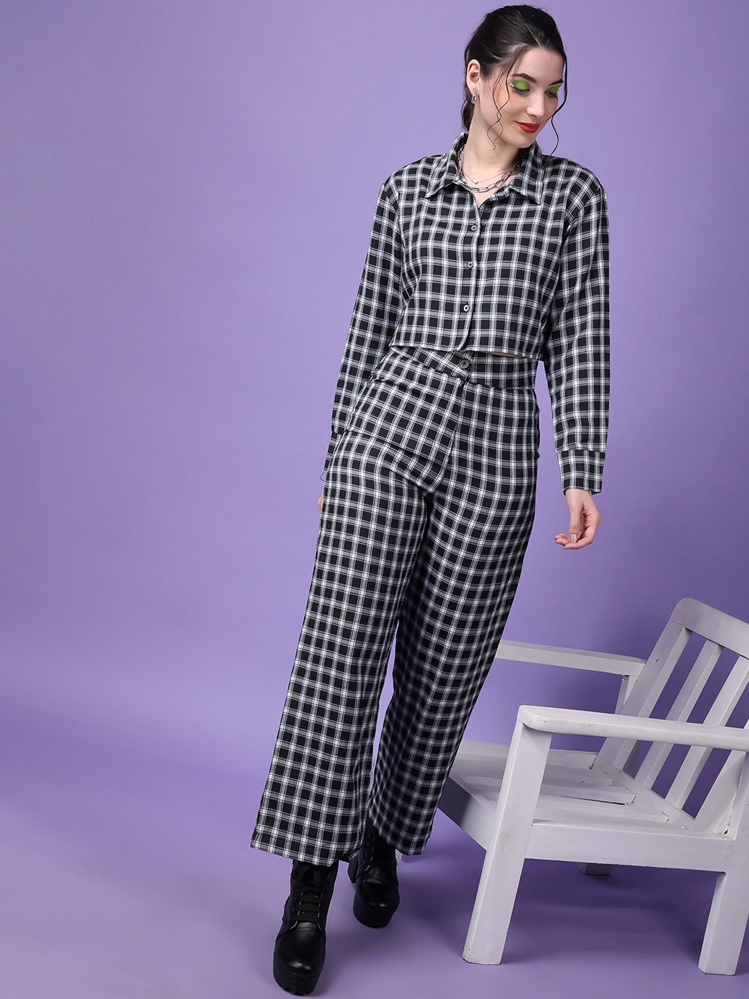 

Popwings Checked Pure Cotton Crop Shirt With Trouser, Grey