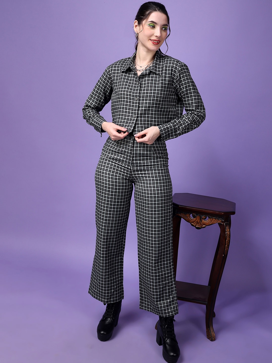 

Popwings Summer Checked Pure Cotton Crop Shirt With Trousers, Black