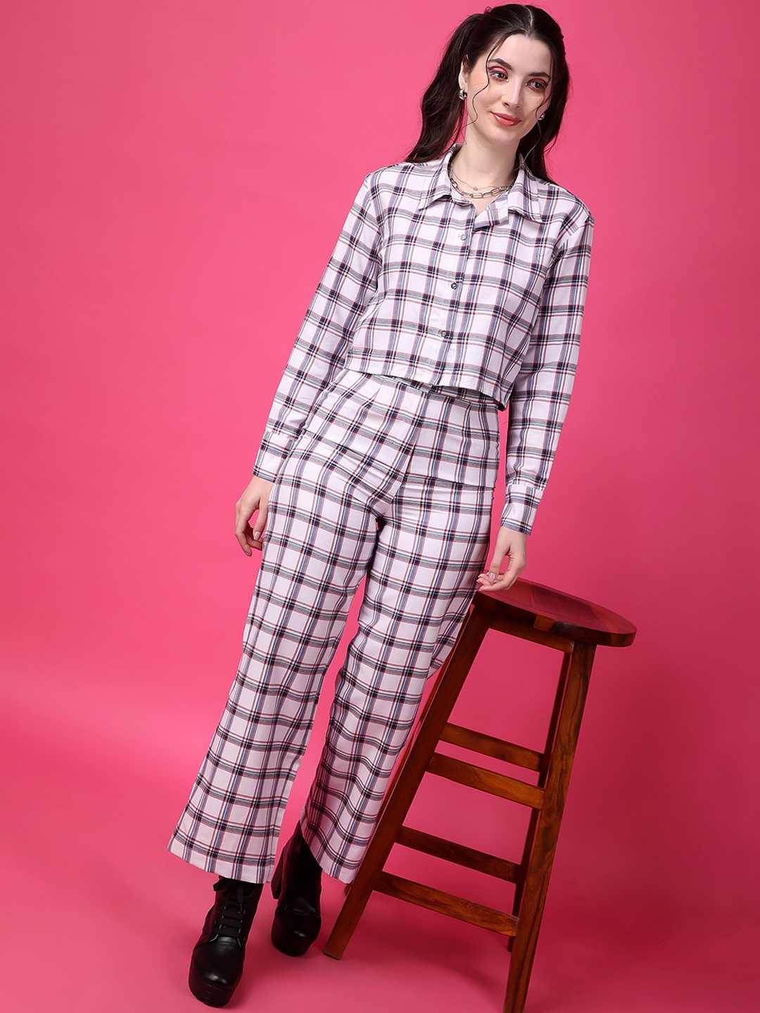 

Popwings Checked Pure Cotton Crop Shirt With Trouser, White