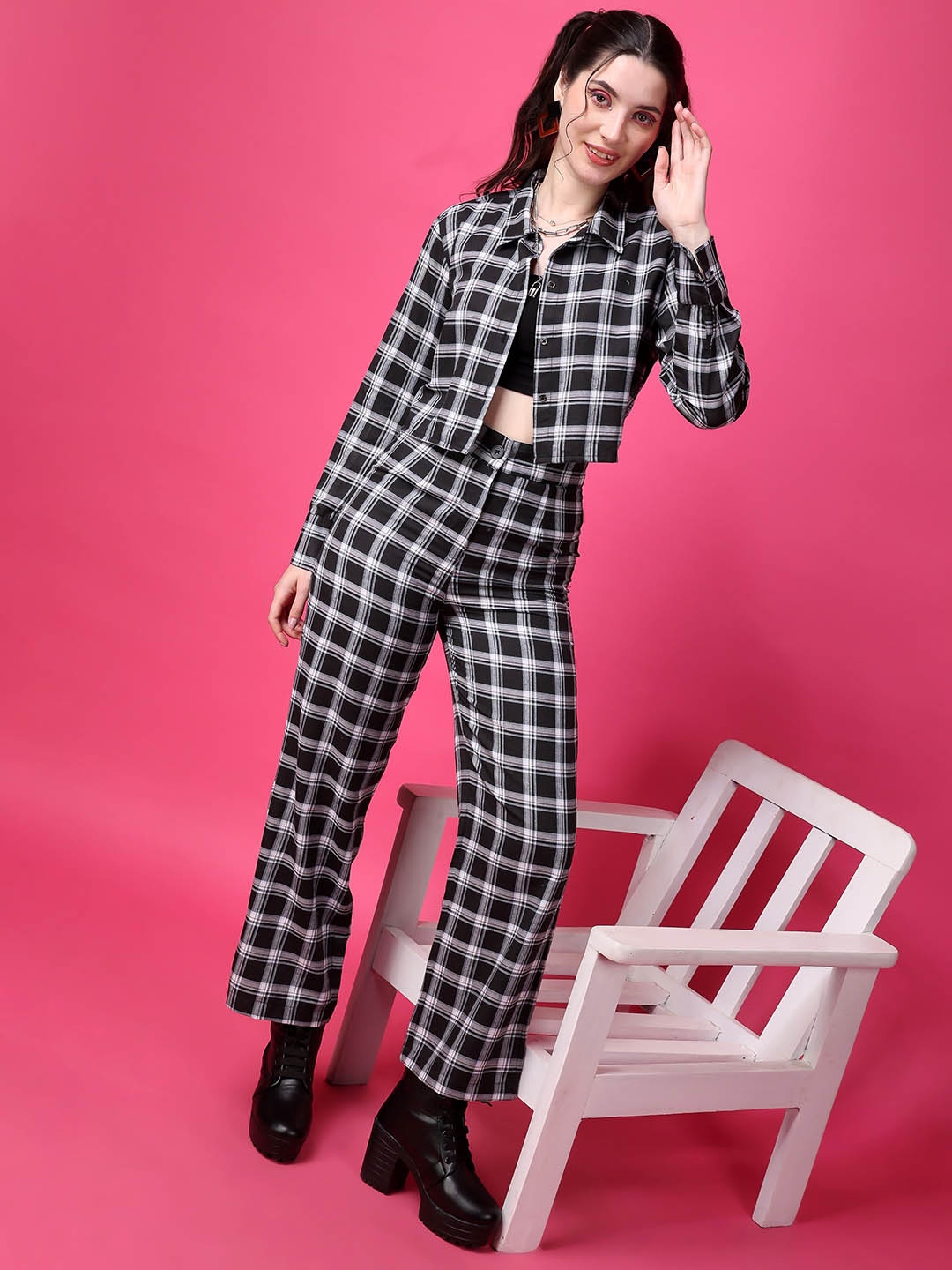 

Popwings Checked Pure Cotton Shirt & Trouser Co-Ords, Black