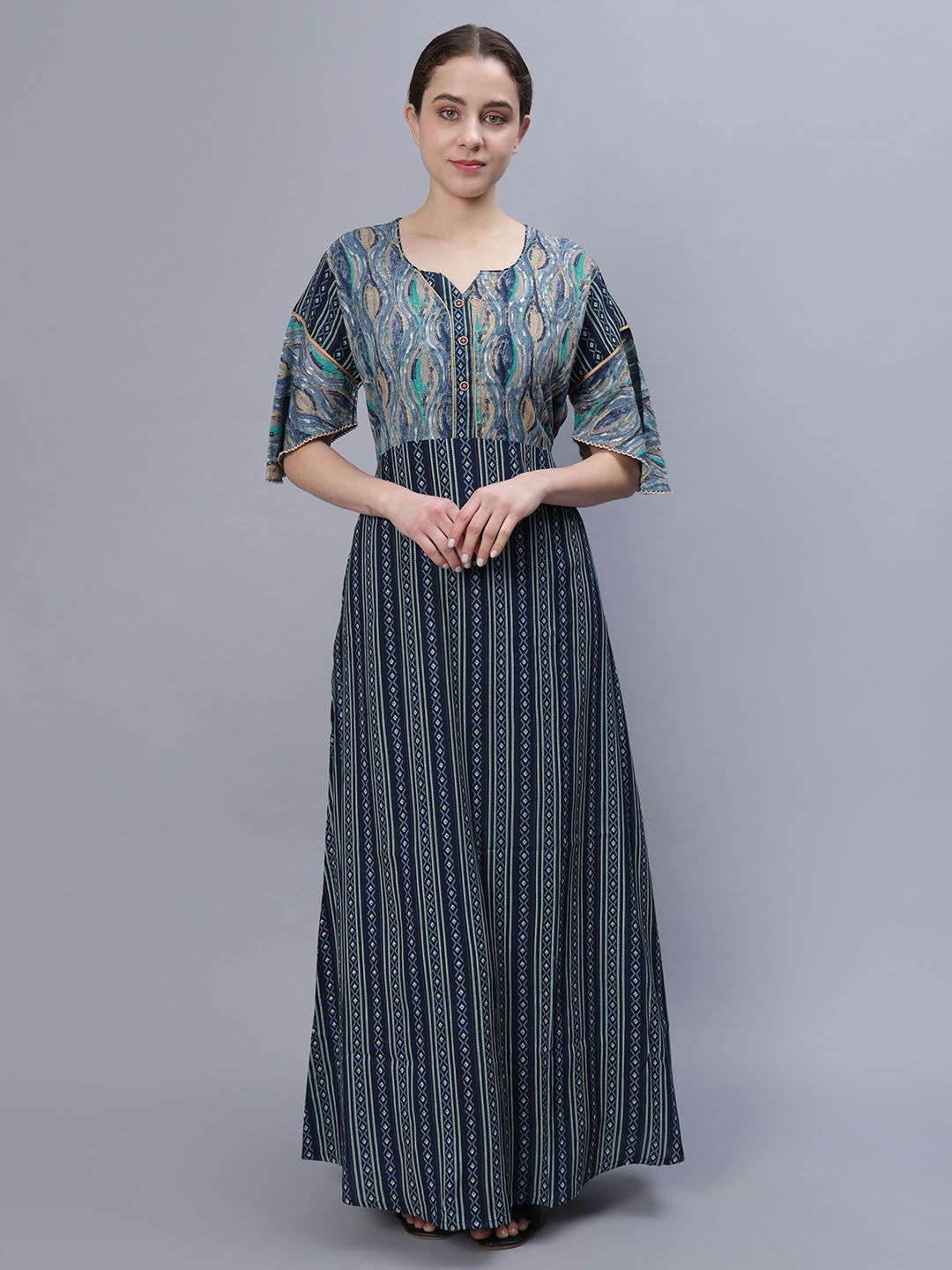 

NIGHTSPREE Geometric Printed Round Neck Maxi Nightdress, Blue