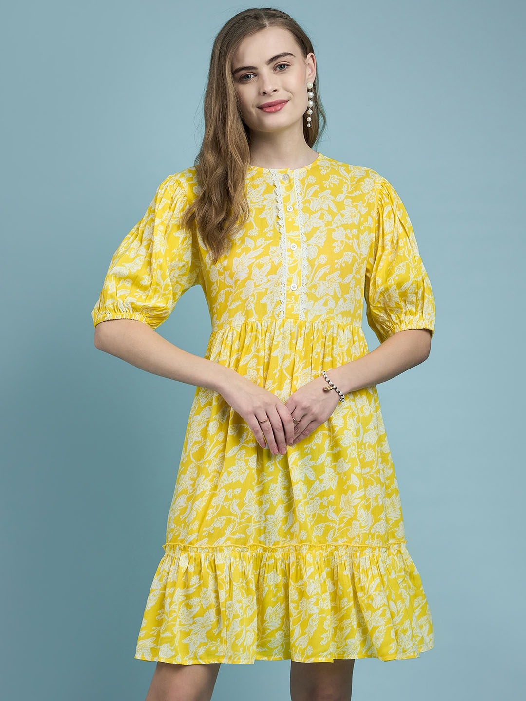 

DressBerry Floral Printed Puff Sleeve Fit & Flare Dress, Yellow