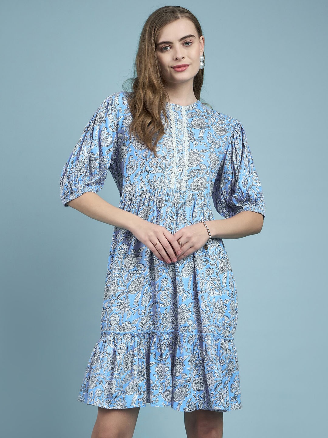 

DressBerry Floral Printed Puff Sleeve Fit & Flare Dress, Blue