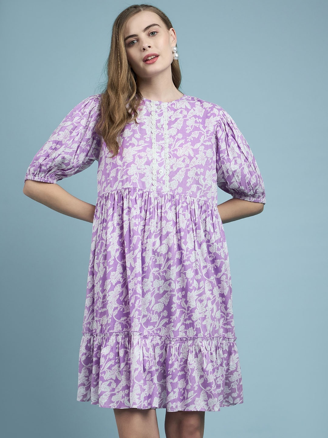 

DressBerry Floral Printed Puff Sleeve Fit & Flare Dress, Lavender