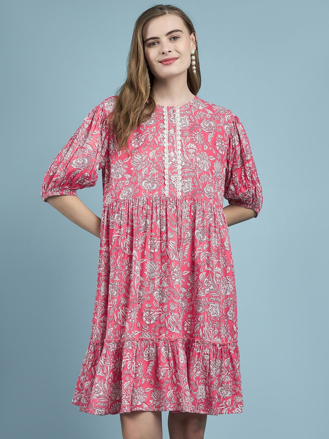 

DressBerry Floral Printed Puff Sleeve Fit & Flare Dress, Pink