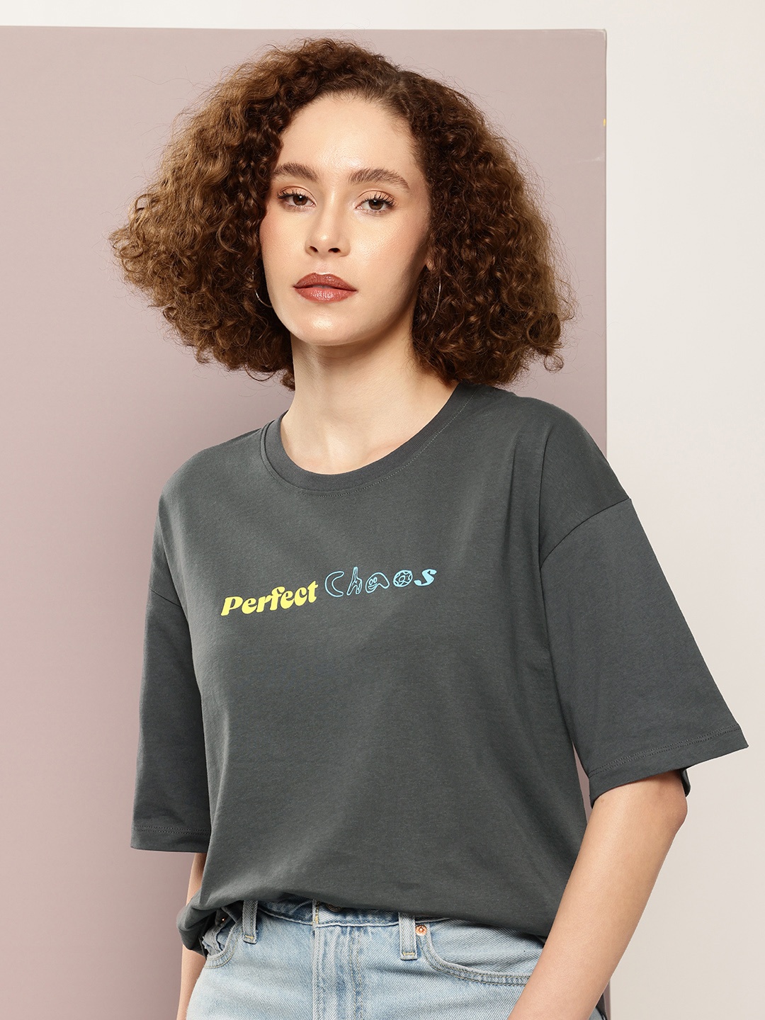 

Kook N Keech Women Typography Printed Oversized T-shirt, Charcoal