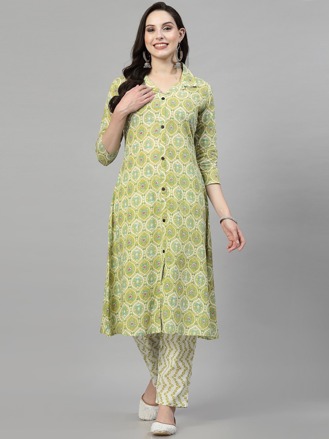 

SkyaSia Ethnic Motifs Printed Regular Pure Cotton Kurta with Trousers, Green