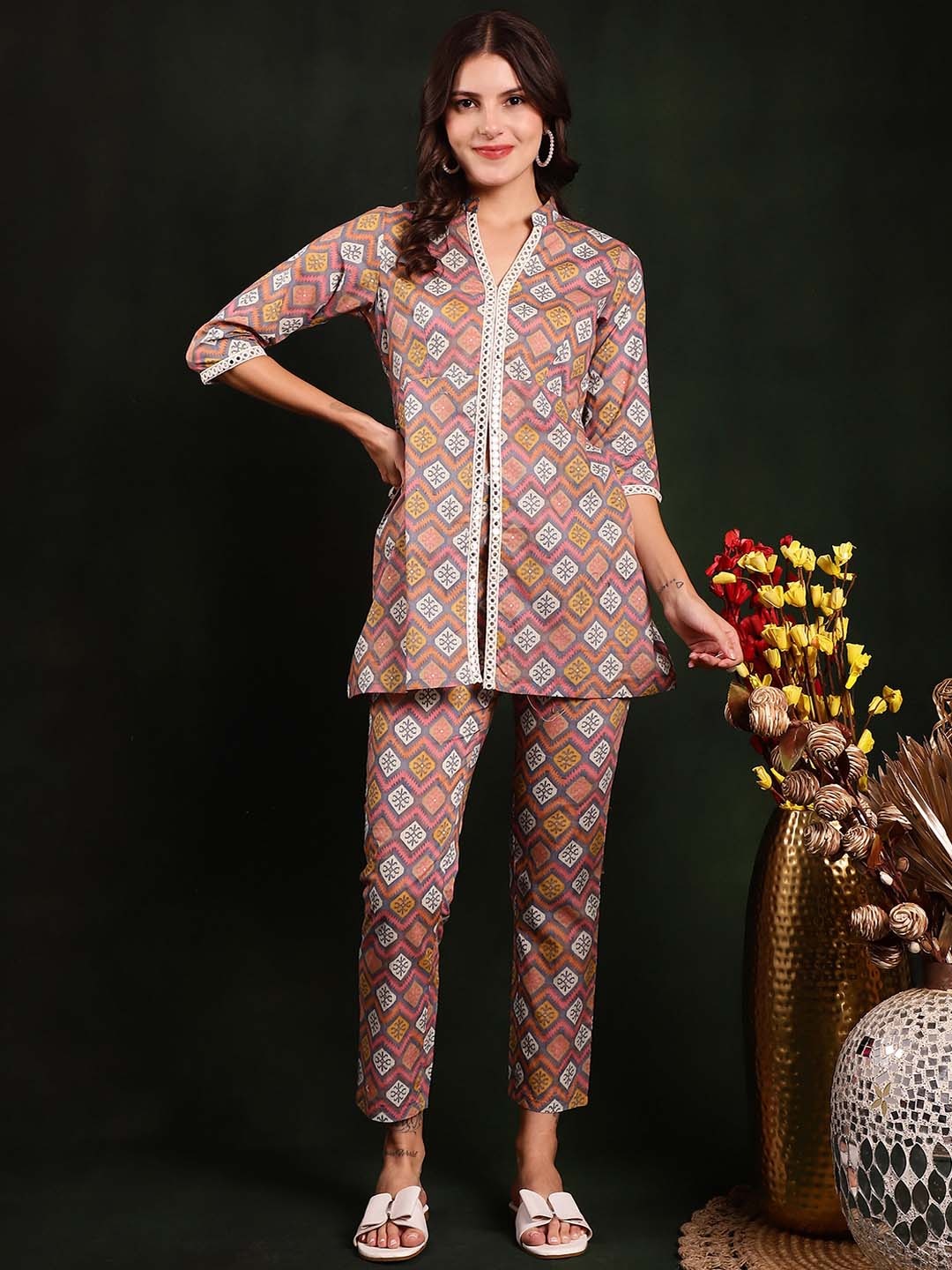 

Claura Printed Pure Cotton Tunic With Trousers Co-Ords, Grey