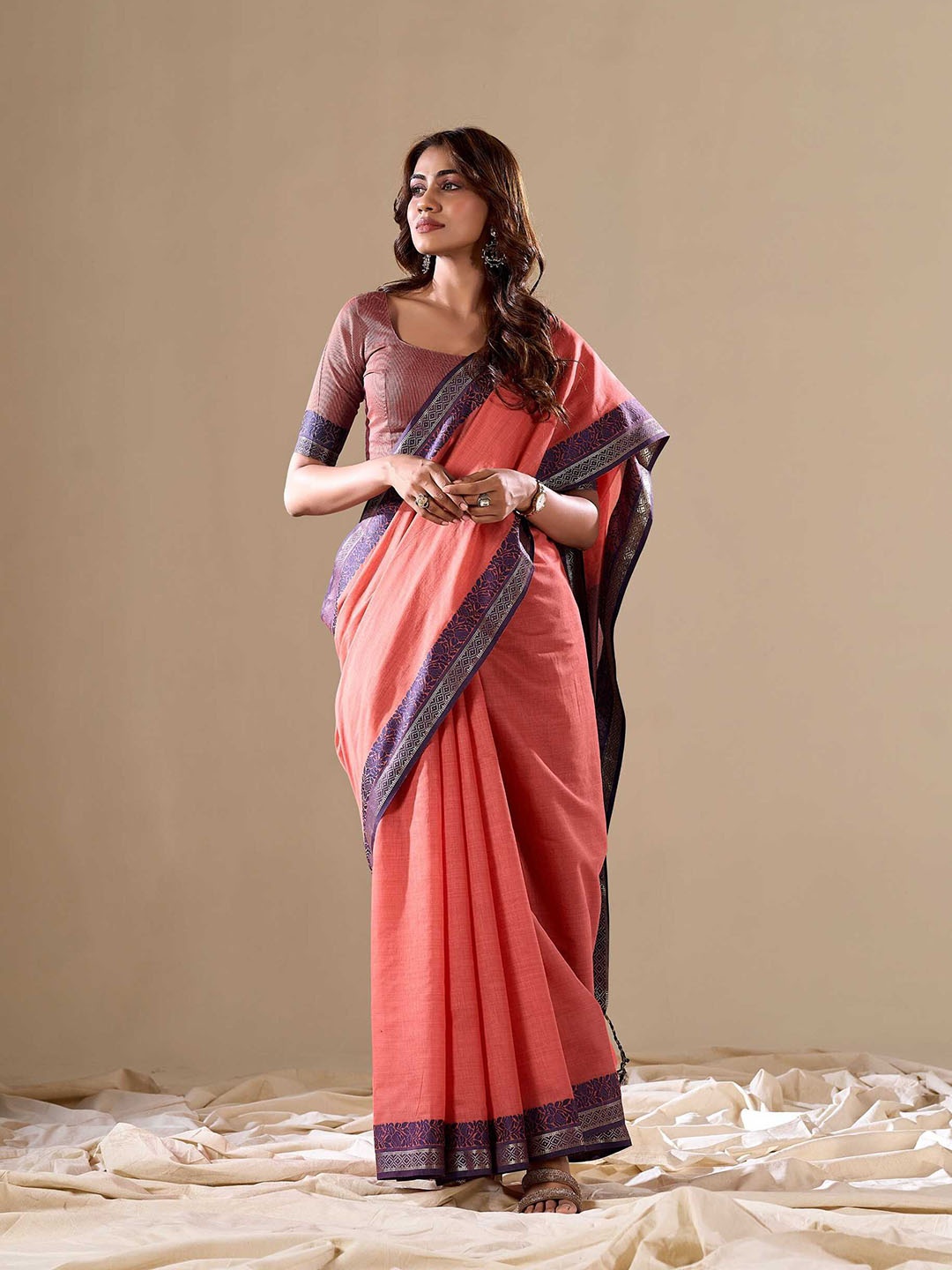 

MS RETAIL Pure Cotton Saree, Peach
