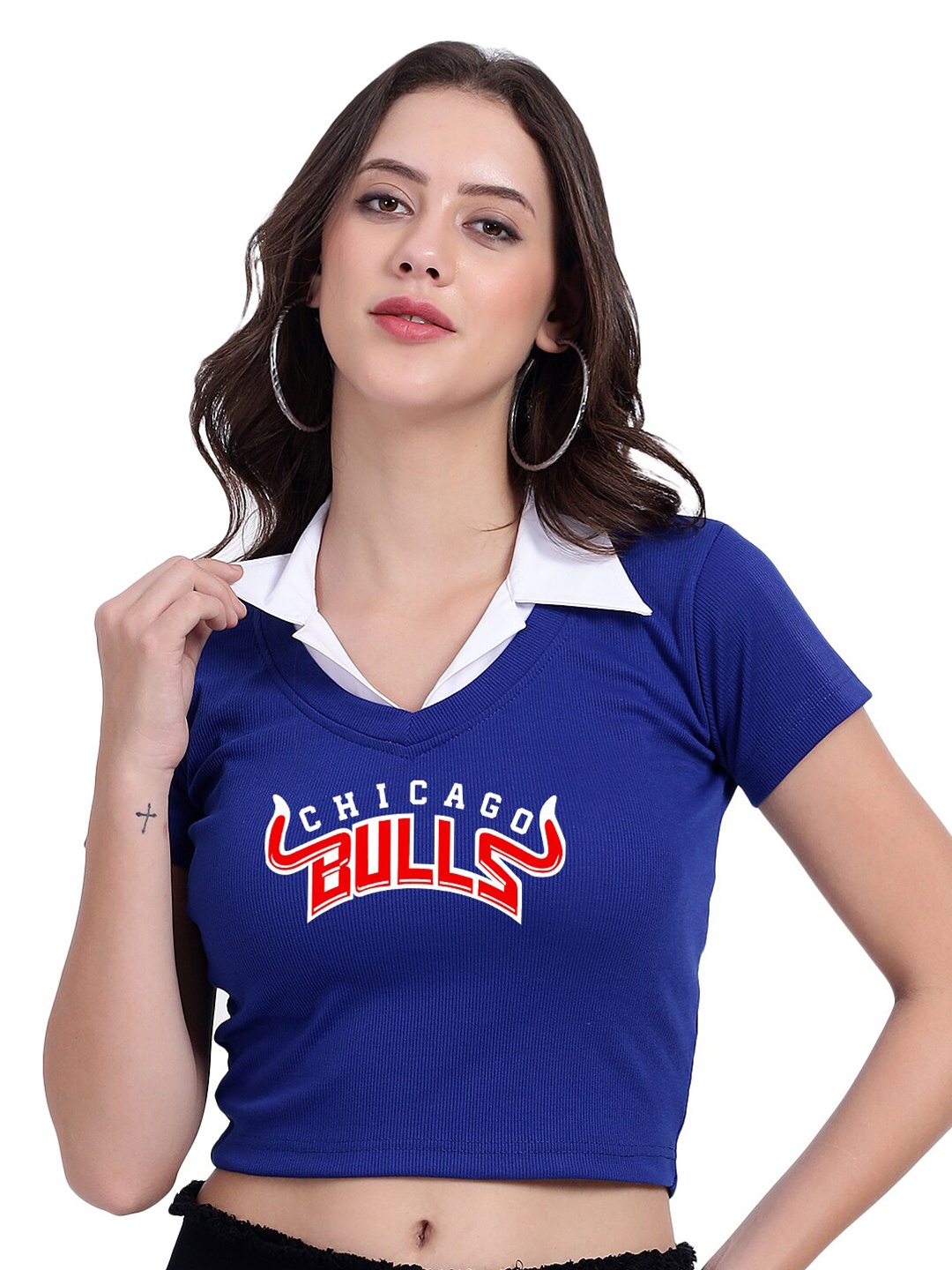 

TABADTOD Shirt Collar Short Sleeves Typographic Printed Crop Top, Blue