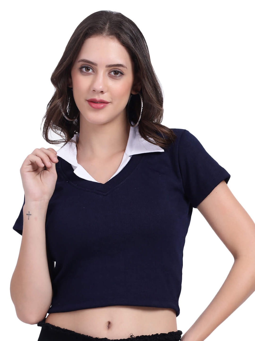 

TABADTOD Shirt Collar Short Sleeves Crop Top, Blue