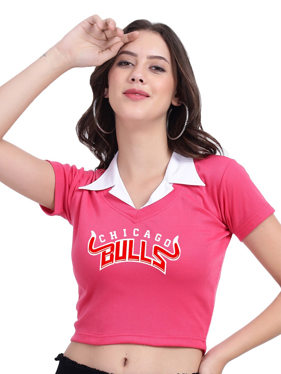 

TABADTOD Shirt Collar Short Sleeves Typographic Printed Crop Top, Pink