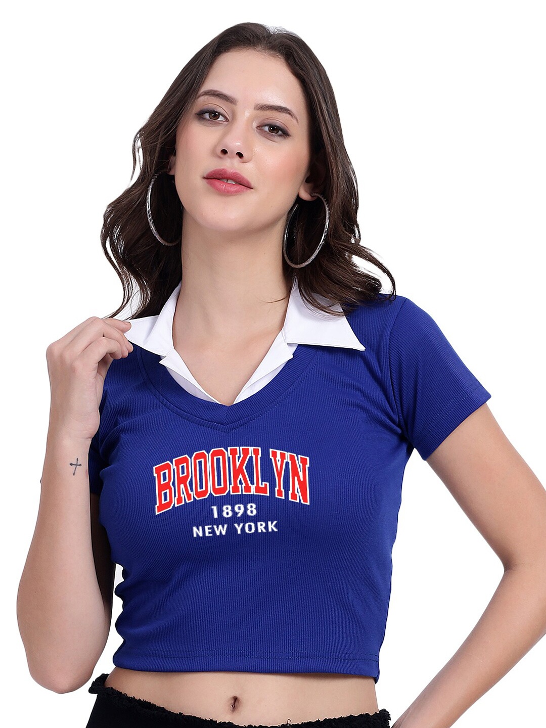 

TABADTOD Typography Printed Shirt Collar Crop Top, Blue