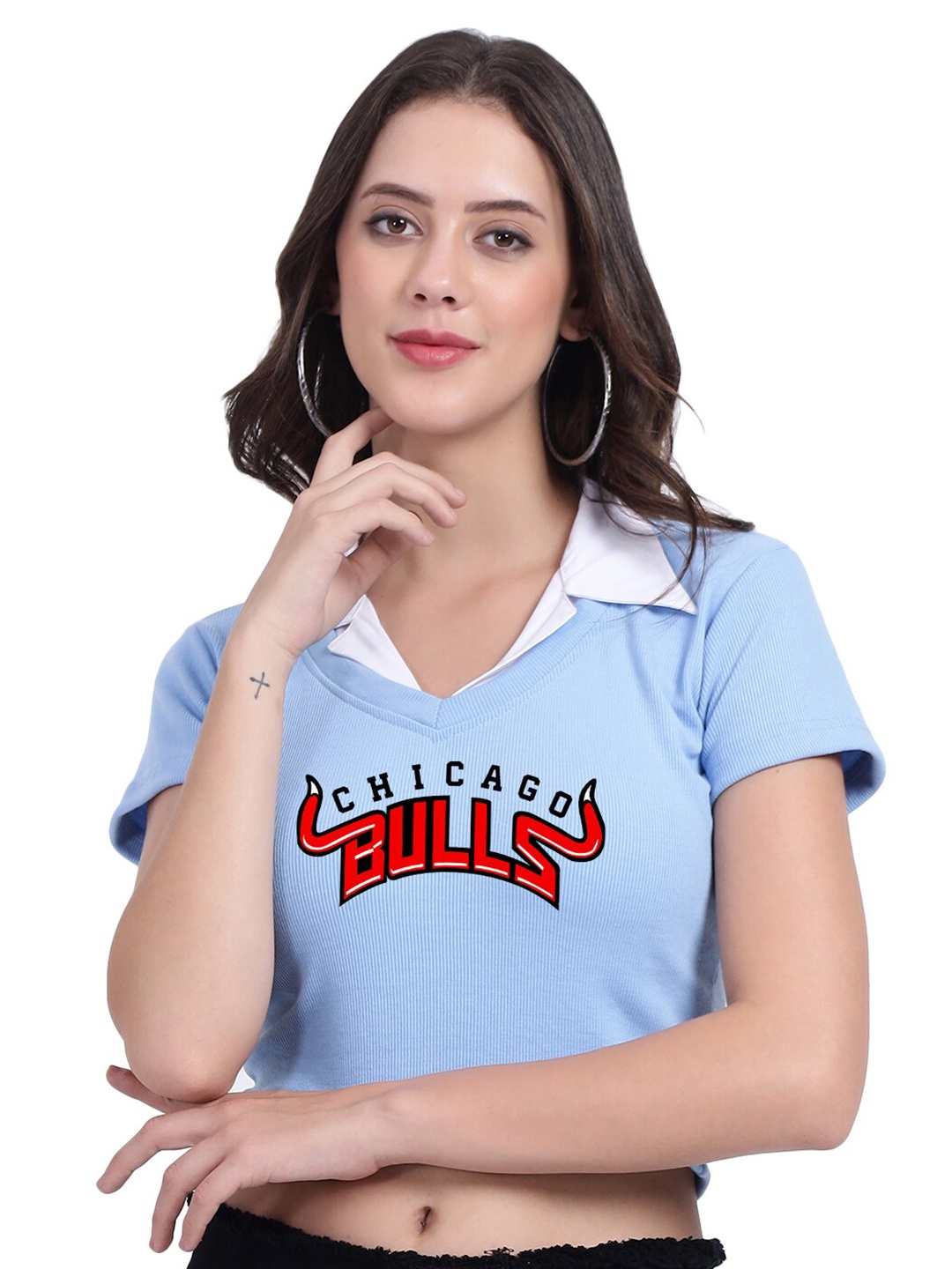 

TABADTOD Shirt Collar Short Sleeves Typographic Printed Crop Top, Blue