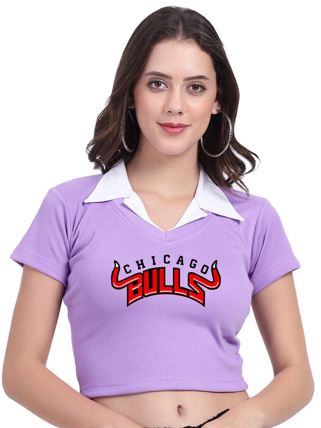 

TABADTOD Shirt Collar Short Sleeves Typographic Printed Crop Top, Purple