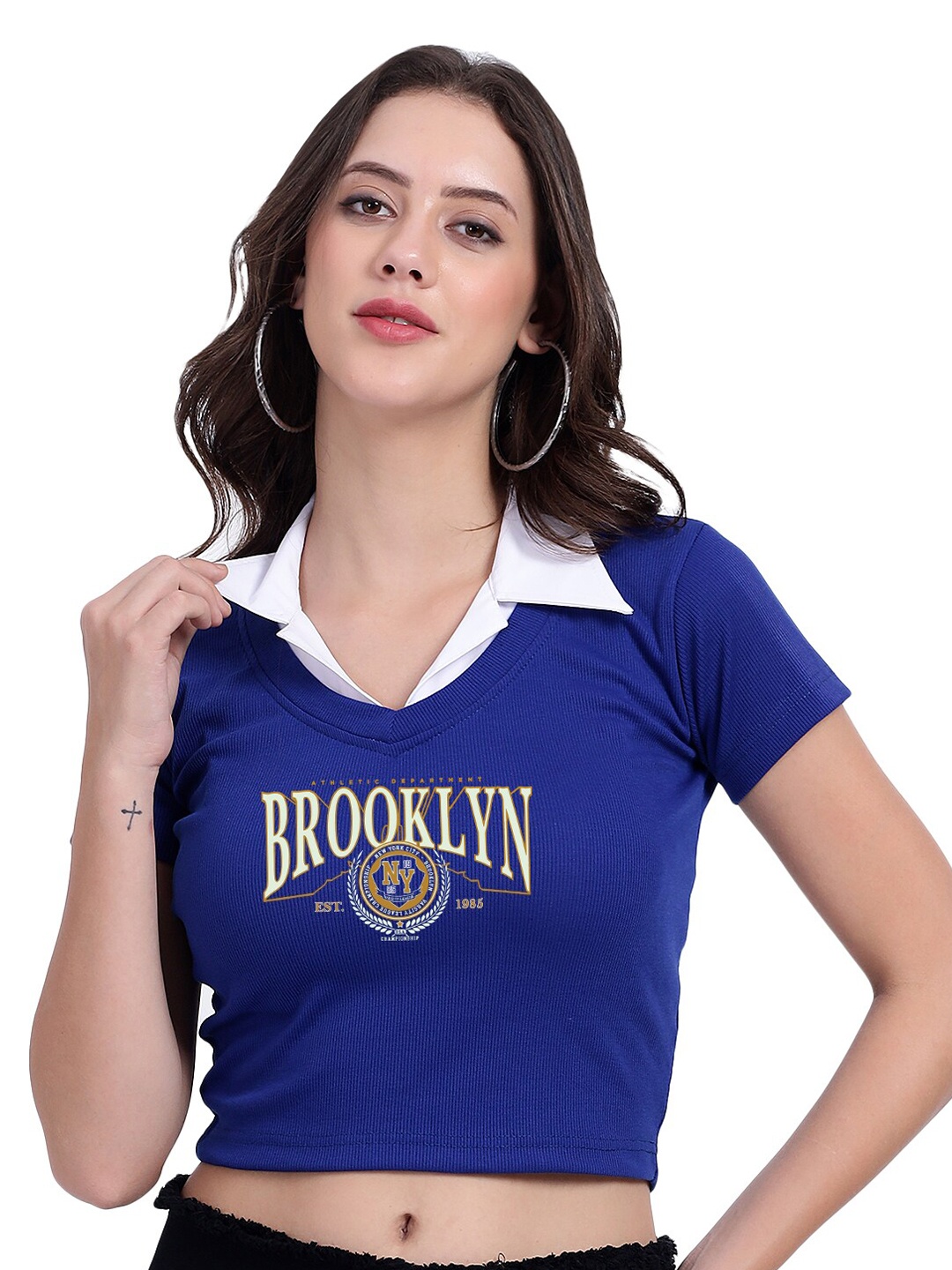 

TABADTOD Shirt Collar Short Sleeves Typographic Printed Crop Top, Blue