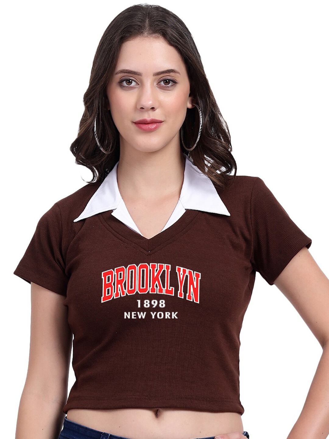 

TABADTOD Shirt Collar Crop Top, Brown