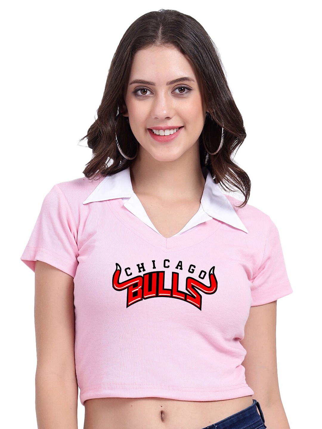 

TABADTOD Shirt Collar Short Sleeves Typographic Printed Crop Top, Pink