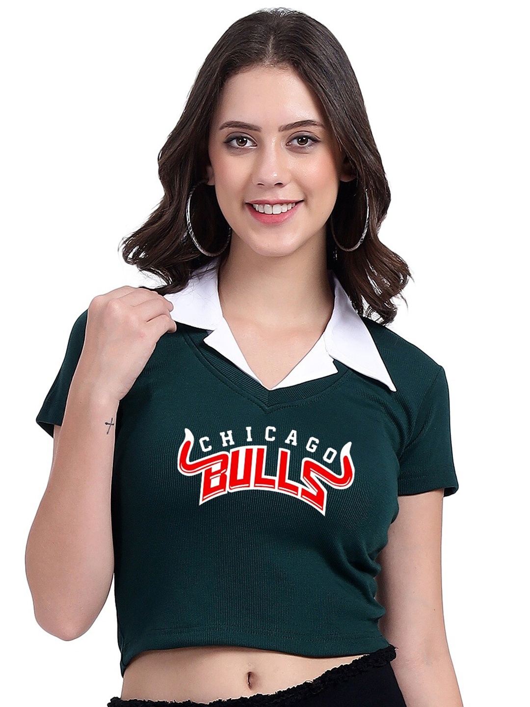 

TABADTOD Shirt Collar Short Sleeves Typographic Printed Crop Top, Green