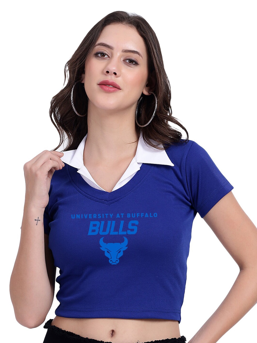 

TABADTOD Shirt Collar Short Sleeves Typographic Printed Crop Top, Blue