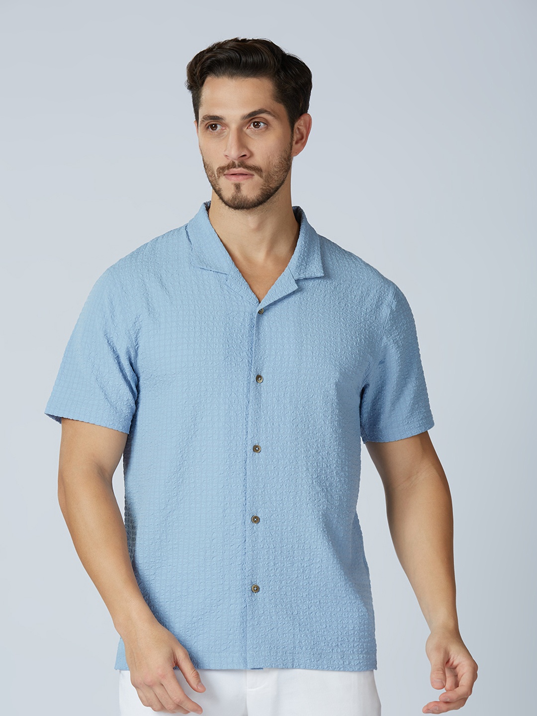 

ONEMILE Classic Printed Cuban Collar Casual Shirt, Blue