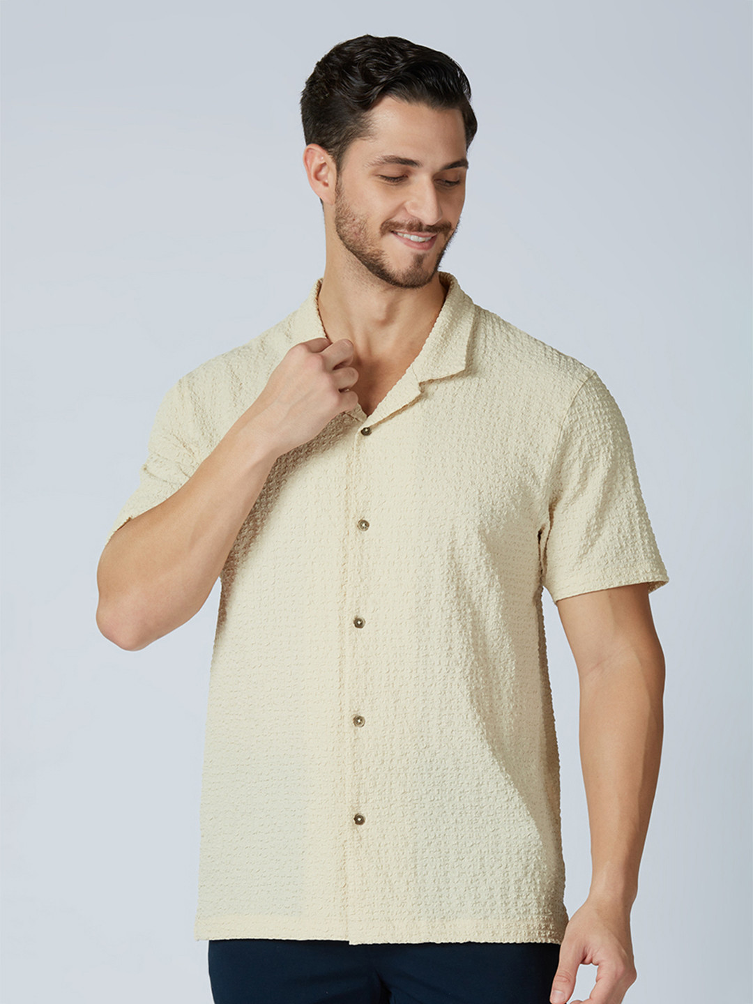 

ONEMILE Classic Printed Cuban Collar Casual Shirt, Beige