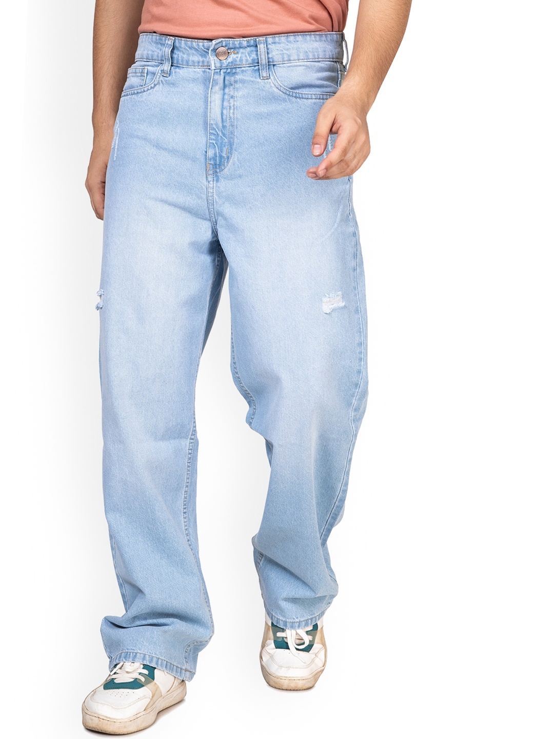 

TBS- THE BARGAIN STREET Men Classic Baggy Fit Mildly Distressed Light Fade Cotton Jeans, Blue