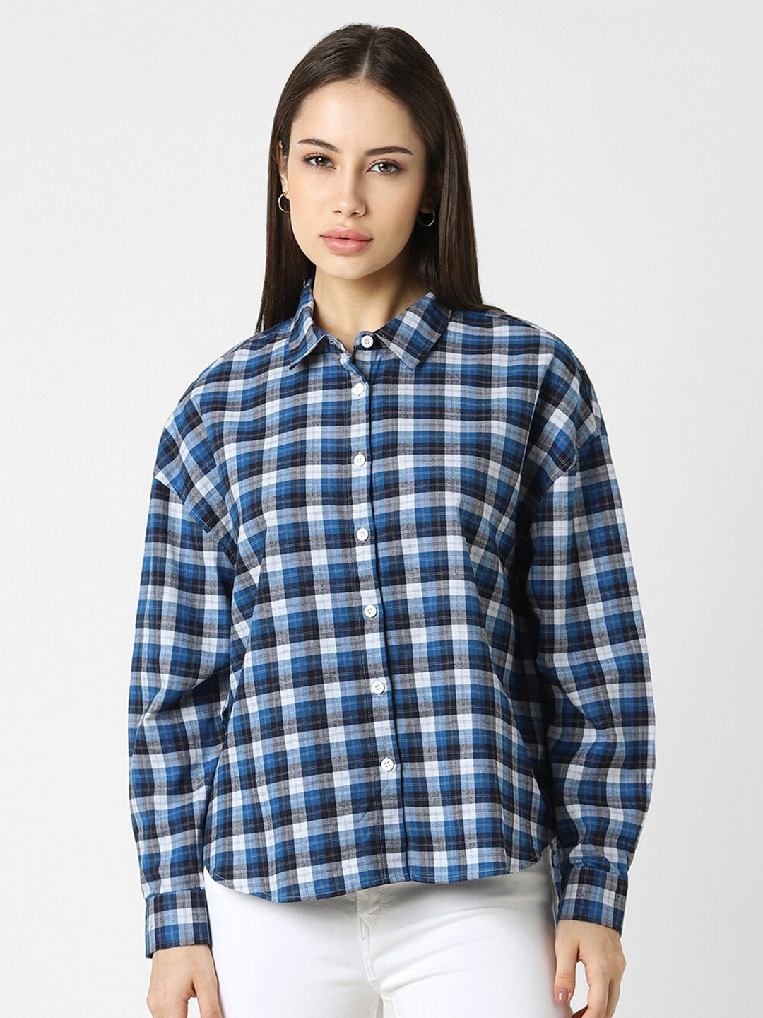 

Van Heusen Woman Checked Spread Collar Cotton Shirt, Blue
