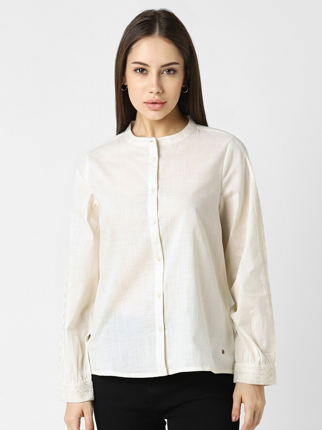 

Van Heusen Woman Self Design Band Collar Cotton Shirt, Cream